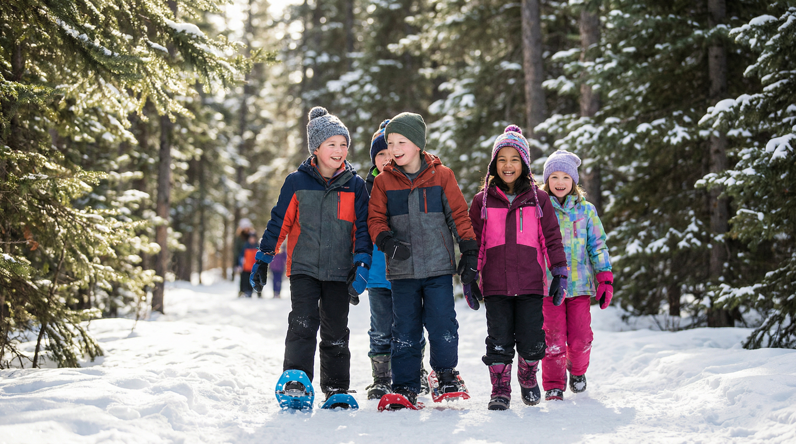 Kids hiking or snowshoeing in winter layers on a local trail